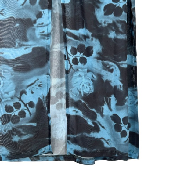 GANNI Printed Ruched Mesh Blue & Black Lined Fitted Long Sleeve Maxi Dress sz 36 - Picture 8 of 13